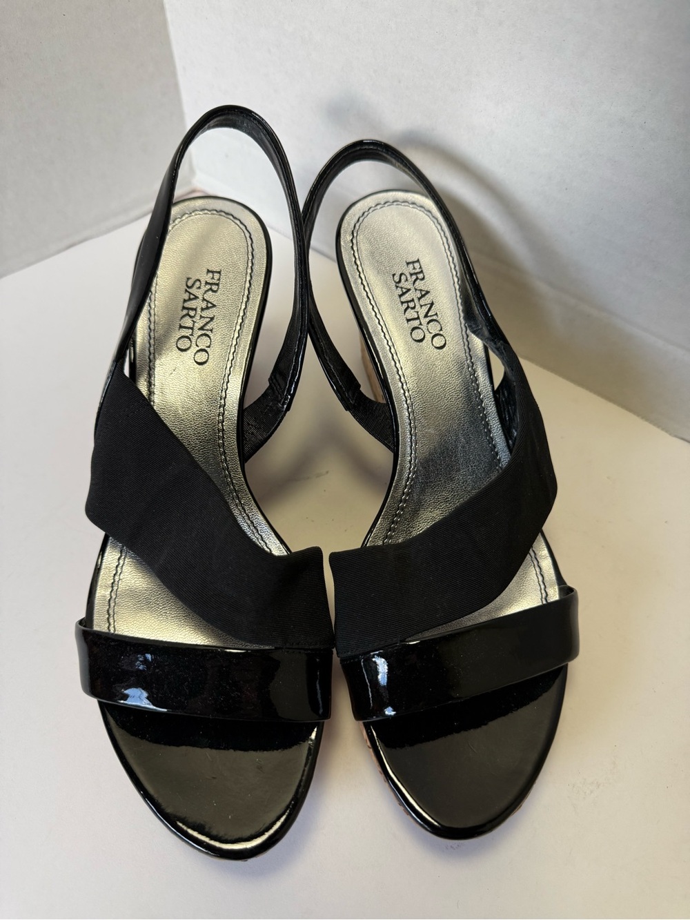Franco Sarto Black Patent and Fabric Slingback Sandals